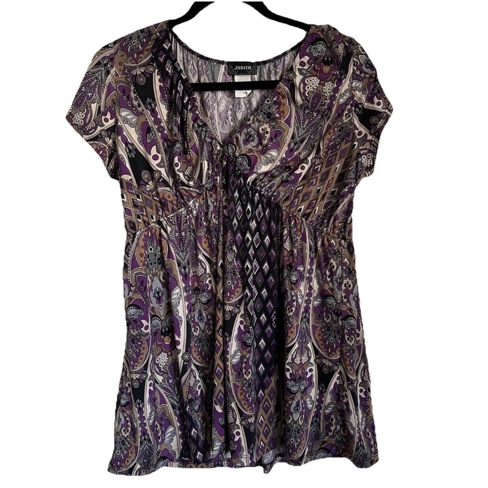 Judith Womens 1X Floral SS Babydoll V-Neck Top Bohemian Fairy Whimsy Festival
